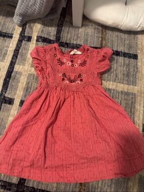 Mini Boden Coral Pink Embroidered Puff-Sleeve Dress